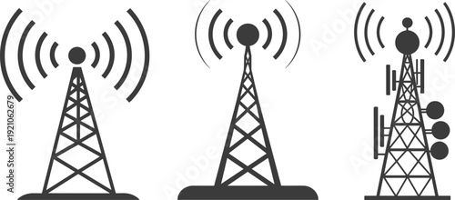 Vector illustration of three communication towers with wireless signals, broadcasting antennas, network transmission technology, black and white design