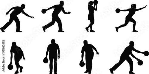 Black and white silhouette illustration of eight people in various bowling poses showing ball release, mid-swing, and stance techniques isolated on white background
