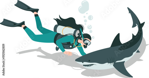 Scuba diver swimming underwater with great white shark, marine life adventure exploration, ocean wildlife danger concept illustration