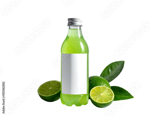 Refreshing green lime juice bottle with fresh limes and leaves.