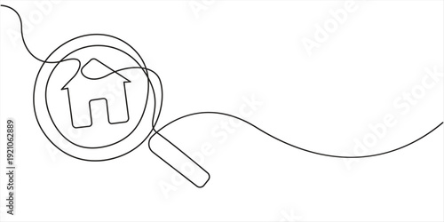 Continuous one line drawing big hand holding magnifying glass highlights the miniature house. Targeting a luxury house to be used as a self reward, Home Search, Model house and magnifying glass.