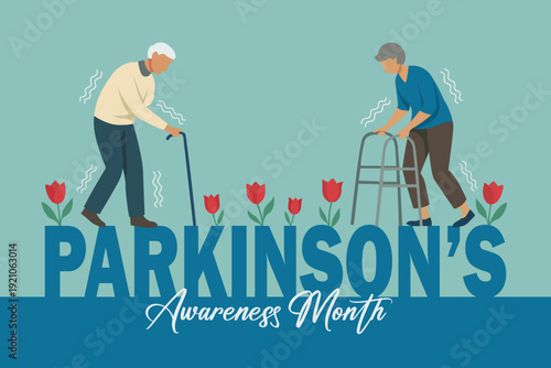Parkinson’s Awareness Month background featuring patients with tremor symptoms. Red tulip flowers as a symbol of support and hope. Flat design concept suitable for healthcare campaigns about Parkinson