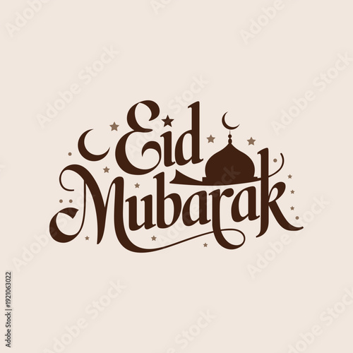 Eid Mubarak islamic holiday greeting with mosque and crescent moon