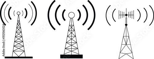 Vector illustration of three radio transmission towers with wireless signal waves, black and white broadcasting antennas, communication technology symbols