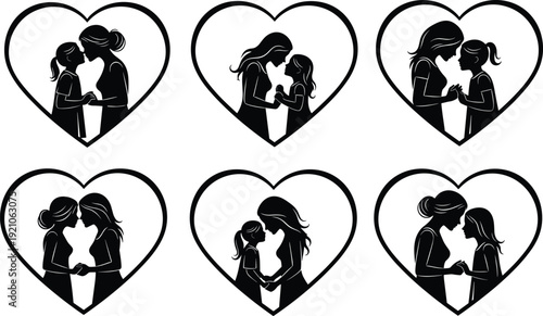Black vector silhouette set of mother and daughter hugging and holding hands inside heart shapes for mothers day family love and parental branding
