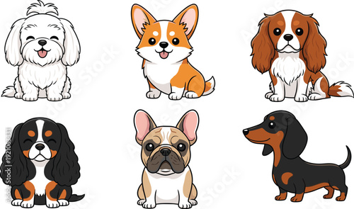 Cute cartoon vector illustration set of popular dog breeds including corgi french bulldog dachshund maltese and spaniel for pet care and animal branding