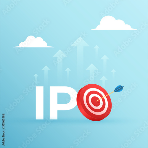 ipo initial public offering target success concept with rising arrow and clouds
