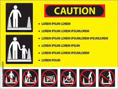 Professional collection of escalator safety signs featuring mandatory instructions and prohibitory warnings for mall, station, and public building safety regulations.