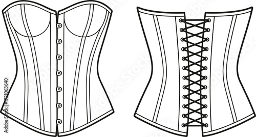 Corset lingerie template, front and back view vintage waist trainer fashion illustration mockup for clothing design presentation