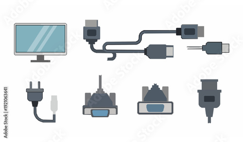 Computer monitor hardware and cable icon set minimal flat vector illustration