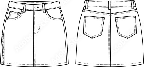 Denim mini skirt template, front and back view classic jean skirt mockup for fashion design presentation