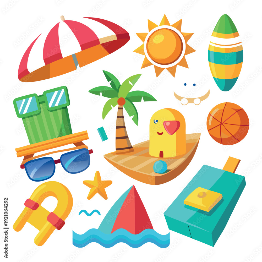 Fototapeta premium Vibrant Beach Summer Vacation Icon Set with Colorful Illustrations of Umbrella, Sunglasses, Palm Tree, Rubber Duck, Surfboard, and Sun on white background