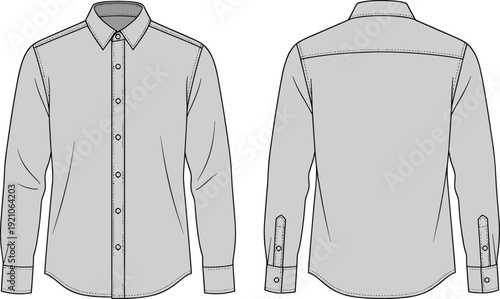 Mens long sleeve button down shirt template, front and back view formal apparel mockup for fashion design