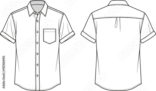 Mens short sleeve button up shirt template, front and back view casual apparel mockup for fashion design
