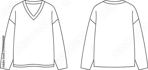 V neck long sleeve sweater template, front and back view casual knitwear mockup for fashion design