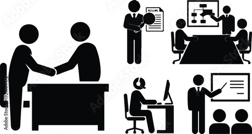 Businessmen are shown in various professional work settings demonstrating communication and collaboration for success.