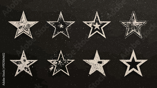 Eight white stars on a black background, varying in texture and design.