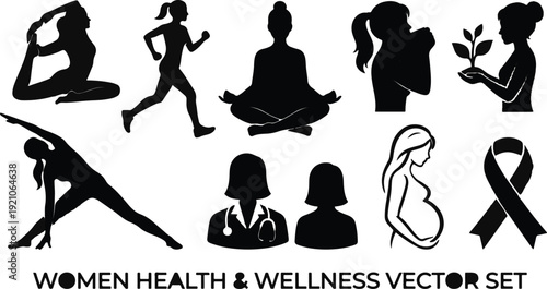 Diverse silhouettes of women engage in healthy activities and express wellness concepts.