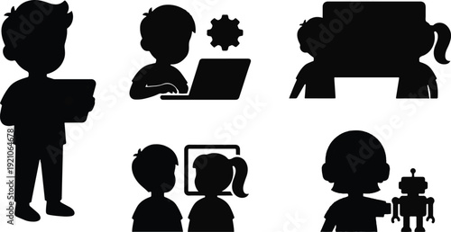 Group of diverse children silhouettes engage with technology and learning in various activities.