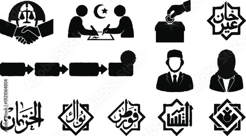 Collection of silhouette icons representing diverse concepts including legal agreements, contracts, voting business and arabic calligraphy.