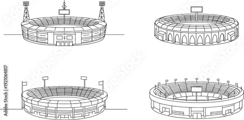 Vector line art stadium set, modern sports arena illustration, football field architectural sketch, circular coliseum design, isolated on white