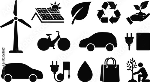 Collection of black silhouette icons depicting various elements of environmental sustainability and green living are presented.