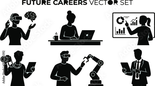 Silhouettes of individuals engaged in future careers including virtual reality, data analysis, and robotics are depicted.