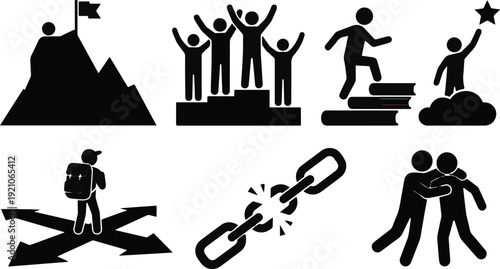 Silhouette figures depict success, achievement, teamwork overcoming challenges and making choices.