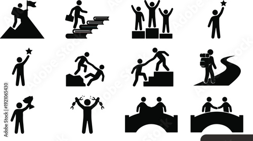 Collection of 12 black silhouette icons depicting various concepts of achievement success and collaboration.