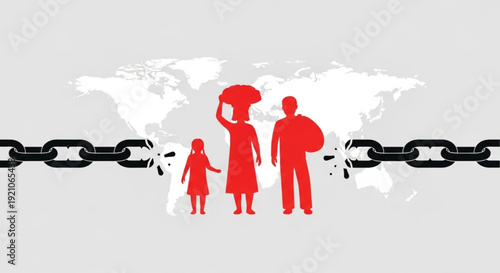 Symbolic illustration of broken chains and figures representing human trafficking or slavery, set against a world map