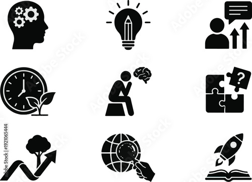Collection of nine black and white silhouette icons representing concepts like thinking gears, a lightbulb idea, progress time management contemplation problem solving growth research and