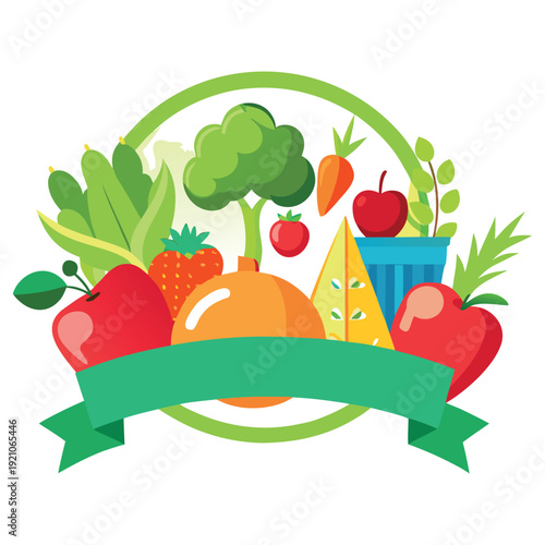 Vibrant Vector Graphic of Fresh Fruits and Vegetables with Green Ribbon and Circle Frame on white background