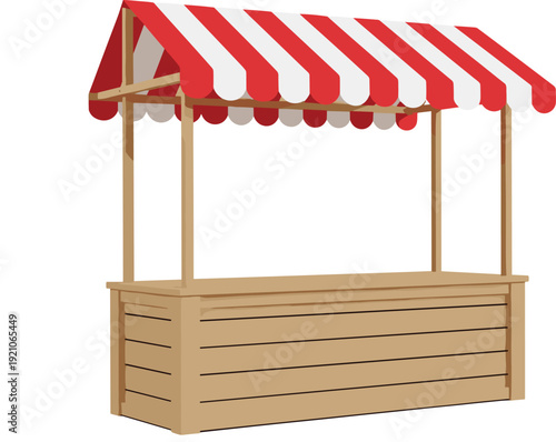 Classic wooden market stall vector with red and white striped awning for farmers market and e-commerce branding