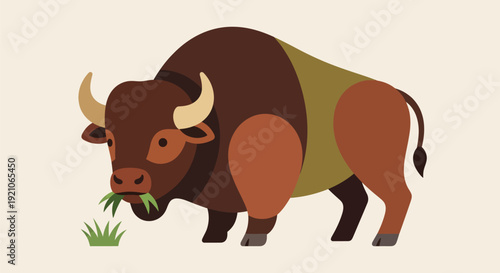 Brown Bison Eating Grass Vector Illustration.