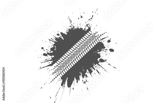 Grunge tire track silhouette with black ink splatter on white background.Dynamic tire tread mark illustration with paint splash for off-road racing.