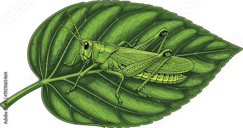 Detailed Green Grasshopper Resting on Leaf, Realistic Insect Vector Illustration Isolated on White Background for Nature, Biology and Entomology Design
