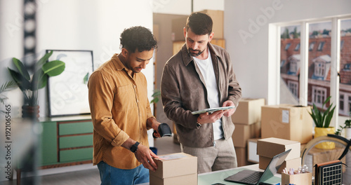 Photos Logistics, scanner or men in agency with tablet, barcode review or inventory management for shipping