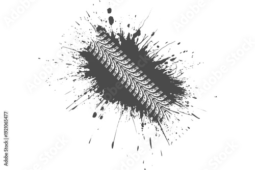 Grunge tire track silhouette with black ink splatter on white background.Dynamic tire tread mark illustration with paint splash for off-road racing.