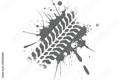 Grunge tire track silhouette with black ink splatter on white background.Dynamic tire tread mark illustration with paint splash for off-road racing.