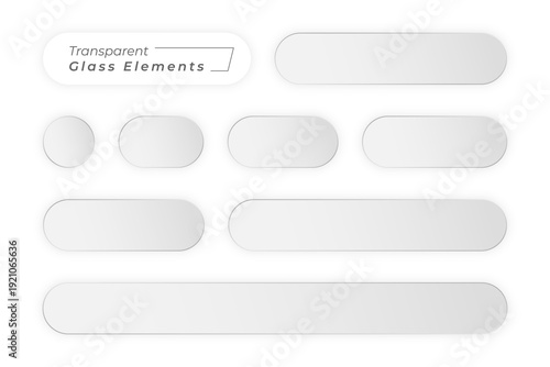 Collection of transparent glassy UI elements and buttons in various shapes and sizes. Perfect for web and app design mockups.