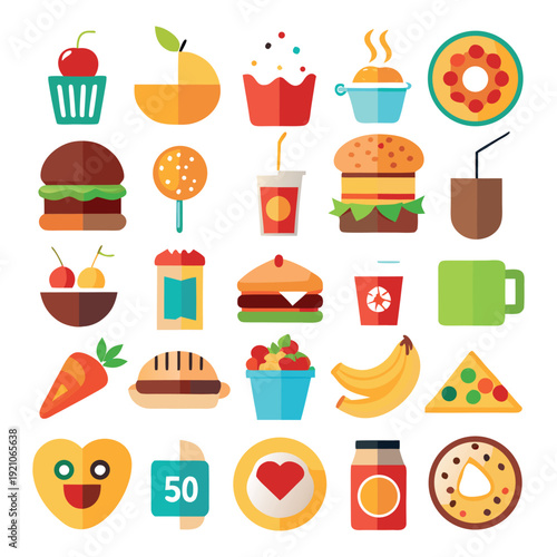 Colorful Flat Design Food Icons Set Featuring Various Tasty Meals and Drinks on white background