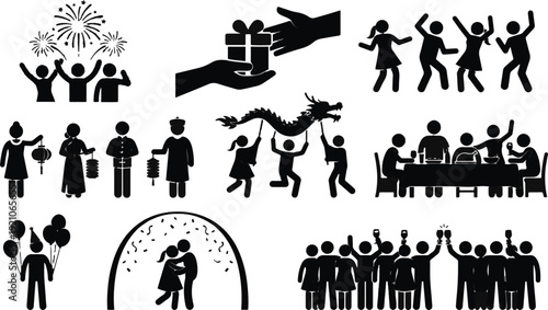 Stylized figures celebrate various festive occasions together with dancing, feasting, and firework displays.