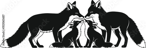 Silhouette of two wolves standing nose to nose in black and white