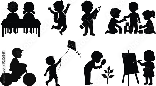 Diverse group of children engaged in various activities including playing with blocks, riding a bicycle, flying a kite, and painting.