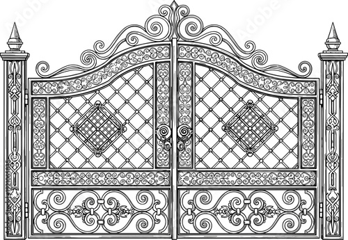 Elegant wrought iron gate illustration featuring ornate filigree swirls and classical decorative metalwork for luxury estate entrance security and architectural garden fence design vector (24 words)