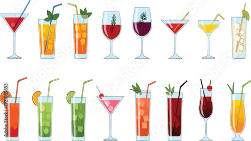 Cocktail and mixed drink vector set with martini highball and hurricane glasses for bar menus and summer party branding