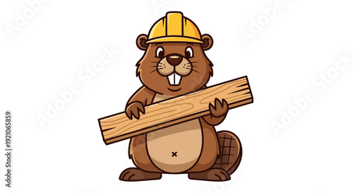 Cartoon Beaver Wearing Hard Hat Holding Wood.