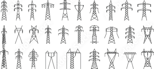 Vector set of detailed power transmission towers, electric pylons icons, electricity infrastructure symbols, energy grid, utility poles collection