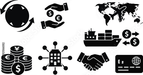 Compilation of eight black vector icons illustrates various business and financial concepts including currency exchange, global trade, shipping, and corporate networking.