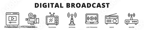Premium banner presenting integrated digital broadcasting infrastructure with streaming technology, transmission systems, and multimedia communication platforms for modern media operations.